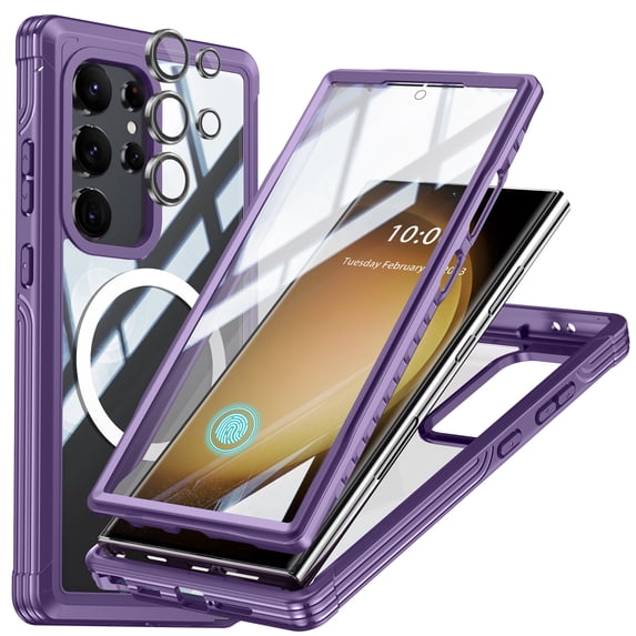 Dteck Full Body Case with Camera Lens Protector for Samsung Galaxy S24 Ultra,Magnetic TPU Case Built-in Screen Protector Compatible with MagSafe Shockproof Cover,Purple