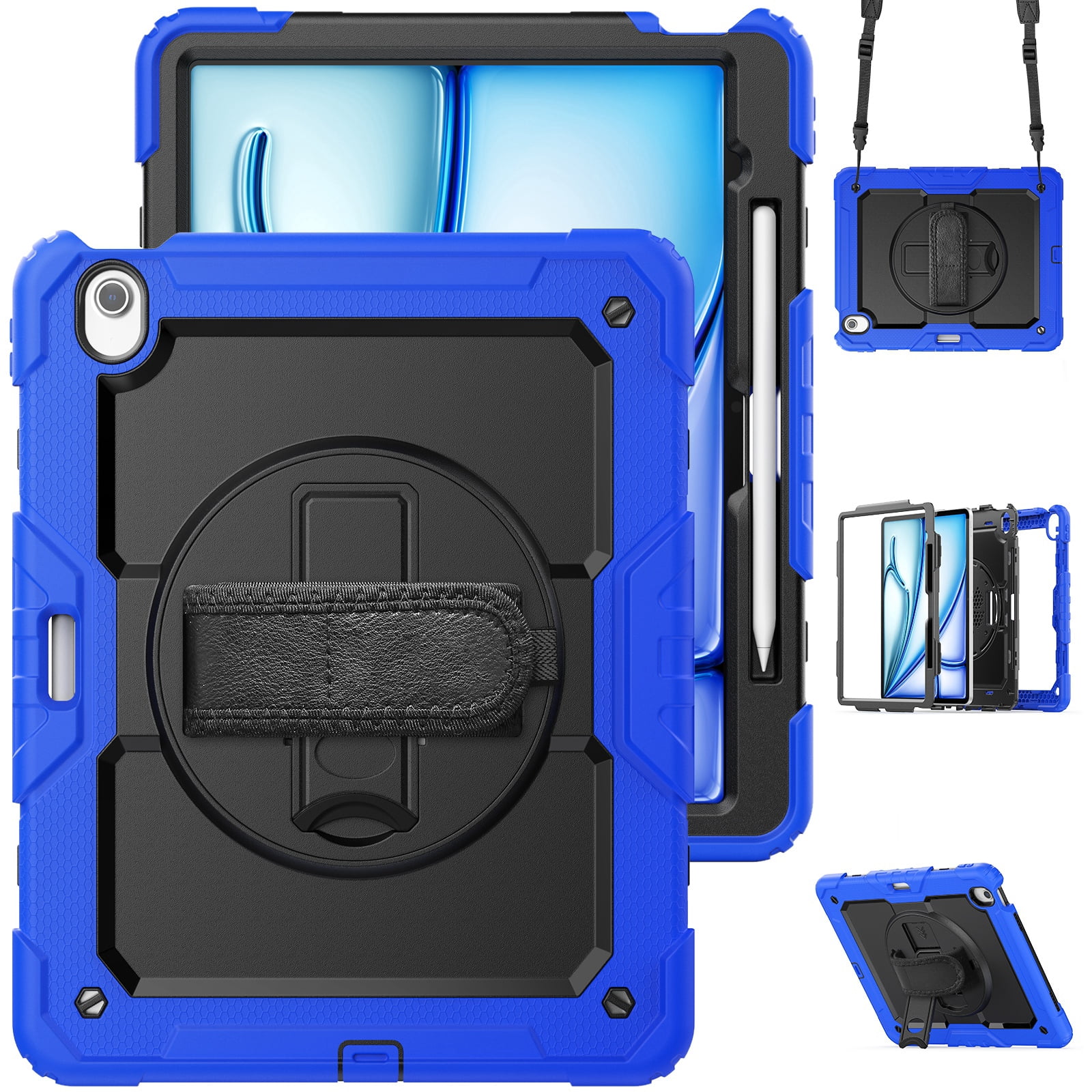 Dteck Full Body Case for iPad Air 13 inch 2025/2024,Shockproof 3-Layer Protection Case with Screen Protector 360° Rotating Stand Built-in Pencil Holder Cover with Hand/Shoulder Strap,Blue