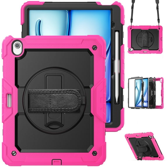 Dteck Full Body Case for iPad Air 13 inch 2025/2024,Shockproof 3-Layer Protection Case with Screen Protector 360° Rotating Stand Built-in Pencil Holder Cover with Hand/Shoulder Strap,Rose