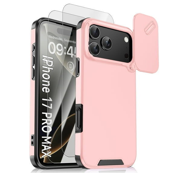 Dteck Full Body Case for iPhone 17 Pro with 2 Pcs Glass Screen Protector, Shockproof with Slide Lens Cover Slim Wireless Charging Anti-Scratch Matte Hard Case, Pink