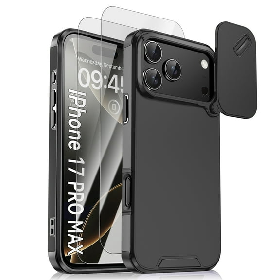 Dteck Full Body Case for iPhone 17 Pro Max with 2 Pcs Glass Screen Protector, Shockproof with Slide Lens Cover Slim Wireless Charging Anti-Scratch Matte Hard Case, Black