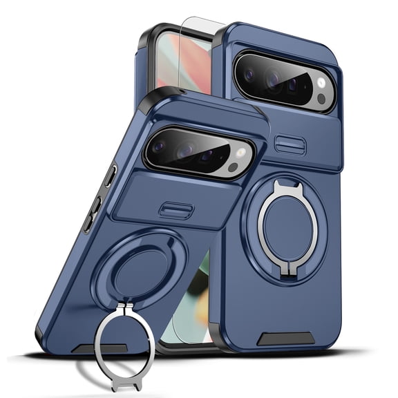 Dteck Full Body Glass Screen Protector Case for Google Pixel 10 /10 Pro, Shockproof Built-in Kickstand Magnetic Rotate Ring Holder Heavy Duty TPU+PC Shockproof Protect Phone Case 2025,  Blue