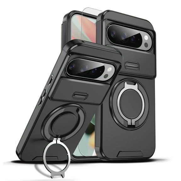 Dteck Full Body Glass Screen Protector Case for Google Pixel 10 Pro XL, Shockproof Built-in Kickstand Magnetic Rotate Ring Holder Heavy Duty TPU+PC Shockproof Protect Phone Case 6.8" 2025, Black