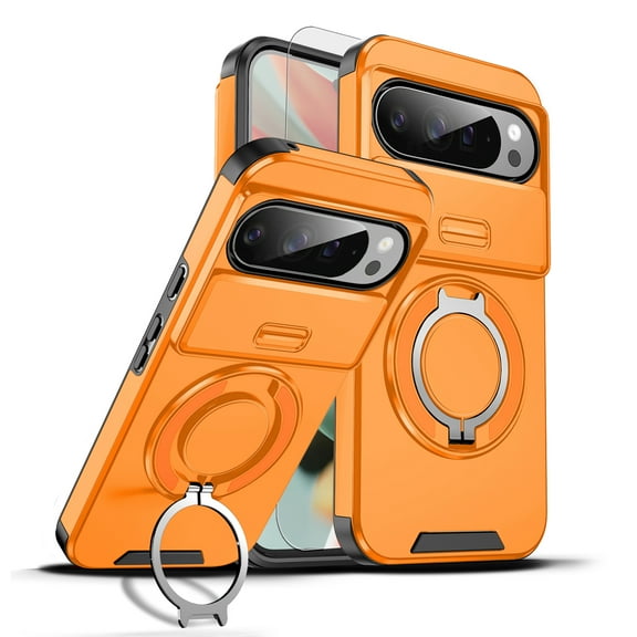 Dteck Full Body Glass Screen Protector Case for Google Pixel 10 Pro XL, Shockproof Built-in Kickstand Magnetic Rotate Ring Holder Heavy Duty TPU+PC Shockproof Protect Phone Case 6.8" 2025, Orange