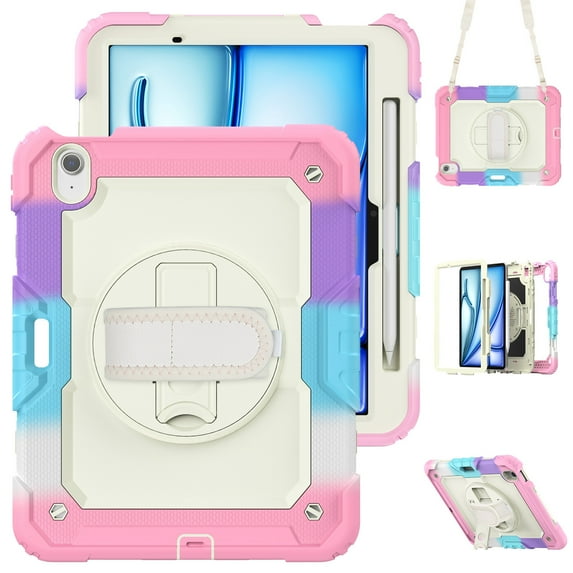 Dteck Full Body Protection Case for iPad Air 11 inch 2025/2024,Heavy Duty Protective Case 360° Rotating Kickstand with Screen Protector/Shoulder Strap/Pencil Holder for iPad Air 11" M3/M2,Rainbow/Pink