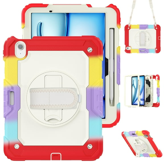 Dteck Full Body Protection Case for iPad Air 11 inch 2025/2024,Heavy Duty Protective Case 360° Rotating Kickstand with Screen Protector/Shoulder Strap/Pencil Holder for iPad Air 11" M3/M2,Rainbow/Red