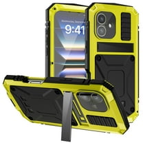 Dteck Full Body Protection Case for iPhone 16,Aluminum Military Grade Rugged Case with Stand Built-in Screen Protector Shockproof Kickstand Cover for iPhone 16,Yellow