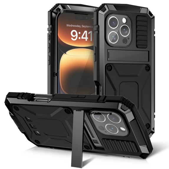 Dteck Full Body Protection Case for iPhone 16 Pro Max,Aluminum Military Grade Rugged Case with Stand Built-in Screen Protector Shockproof Kickstand Cover for iPhone 16 Pro Max,Black