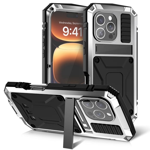 Dteck Full Body Protection Case for iPhone 16 Pro Max,Aluminum Military Grade Rugged Case with Stand Built-in Screen Protector Shockproof Kickstand Cover for iPhone 16 Pro Max,Silver