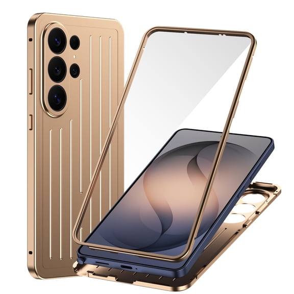 Dteck Full Body Protective Case for Samsung Galaxy S26 Ultra,Shockproof Magnetic Metal Case with Built-in Tempered Glass Screen Protector Luggage Striped Design Phone Cover,Gold