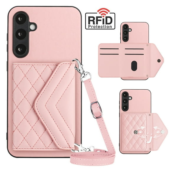 Dteck for Galaxy A15 Wallet Case with Shoulder Strap, Premium PU Leather RFID Blocking Card Slots Kickstand, Magnetic Clasp and Durable Shockproof Cover for Samsung Galaxy A15 5G,Pink