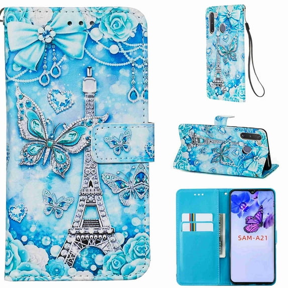 Dteck Galaxy A21 6.5 inch Case 3D Full Stylish Wallet Credit Cards Slot with Stand PU Leather Shockproof Flip Magnetic Case for Samsung Galaxy A21 (2020), Butterfly Tower