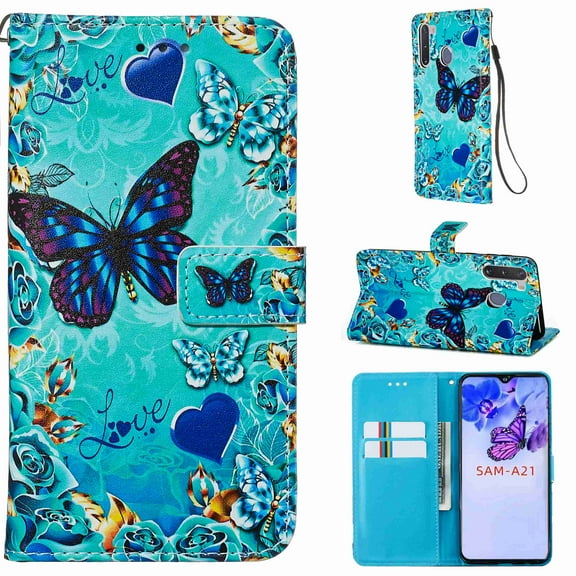 Dteck Galaxy A21 6.5 inch Case 3D Full Stylish Wallet Credit Cards Slot with Stand PU Leather Shockproof Flip Magnetic Case for Samsung Galaxy A21 (2020), Butterfly