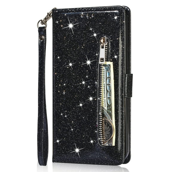 Dteck Galaxy A32 5G Bling Phone Case  Sparkle Magnetic Clasp PU Leather Wallet Purse Folio Flip Cover with Strap Zipper Pocket for Samsung Galaxy A32 5G Black
