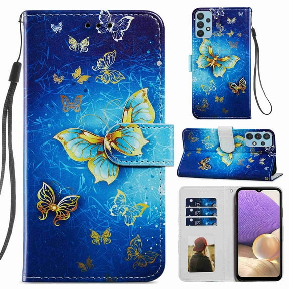 Dteck Galaxy A32 5G Case 3D PU Leather Wallet Flip Protective Phone Case with Wrist Strap Card Slots Holder Pocket Cover for Samsung Galaxy A32 5G 6.5" (2021), #17 Gold Butterfly