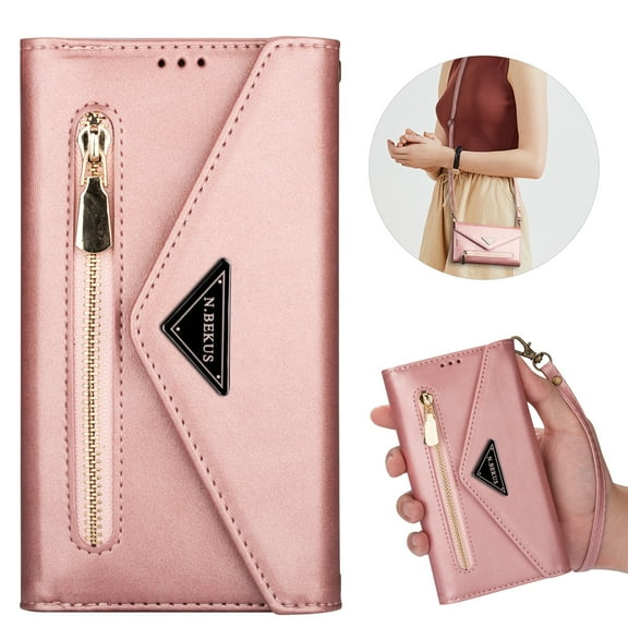 Dteck Galaxy A72 Wallet Case, PU Leather Crossbag Lager Capacity Purse With Zipper Pocket, Flip Folio Stand Phone Cover with Wrist Strap / Shoulder Strap For Samsung Galaxy A72 5G/4G,Rosegold