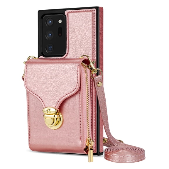 Dteck for Galaxy Note 20 Ultra Case Wallet with Zipper Pocket PU Leather Protective Back Phone Case with Lanyard Compatible with Samsung Galaxy Note 20 Ultra,Rosegold