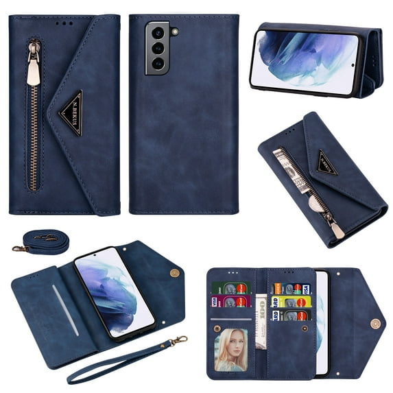 Dteck Galaxy S21+ 5G Wallet Case, PU Leather Crossbag Lager Capacity Purse With Zipper Pocket, Folio Stand Phone Cover with Wrist Strap/Shoulder Strap For Samsung Galaxy S21 Plus 6.7",Blue