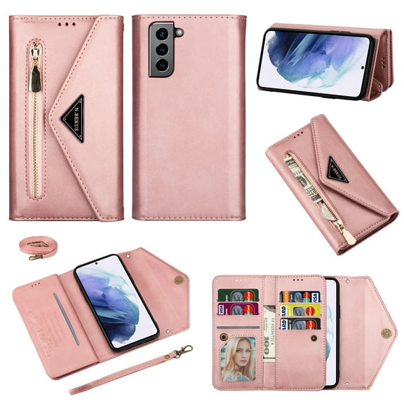 Dteck Galaxy S21+ 5G Wallet Case, PU Leather Crossbag Lager Capacity Purse With Zipper Pocket, Folio Stand Phone Cover with Wrist Strap/Shoulder Strap For Samsung Galaxy S21 Plus 6.7",Rosegold