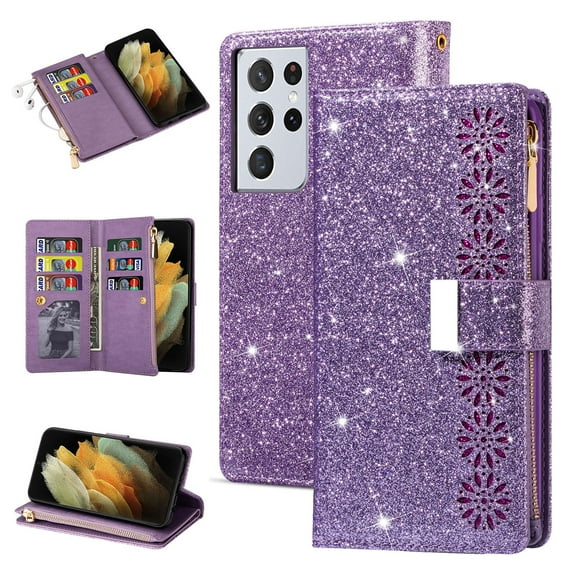 Dteck Galaxy S21 Ultra Wallet Case, Bling Sparkle Glitter PU Leather Magnetic Flip Case with Credit Card Slots/Hand Strap for Samsung Galaxy S21 Ultra, Purple