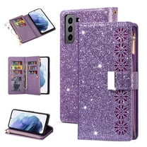 Dteck Galaxy S21 Wallet Case, Bling Sparkle Glitter PU Leather Magnetic Flip Case with Credit Card Slots/Hand Strap for Samsung Galaxy S21, Purple