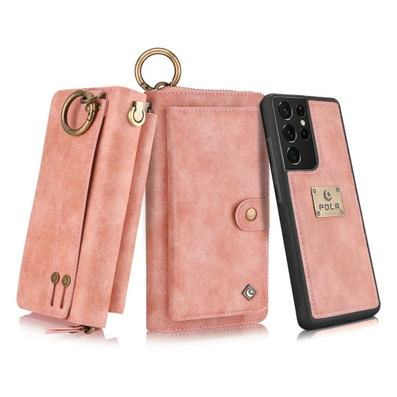 Dteck Galaxy S21+ Wallet Case, Leather Zipper Purse Large Capacity 14 Card Slots [Magnetic Closure] 2 in 1 Detachable Magnetic Phone Cover with Wrist Band for Samsung Galaxy S21 Plus, Pink