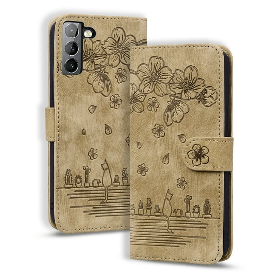 Dteck Galaxy S22 Phone Case, Premium PU Leather Embossed Pattern Anti-Scratch Kickstand Wrist Strap Card Slots Magnetic Flip Cover Case for Samsung Galaxy S22 5G 6.1" Phone, Brown