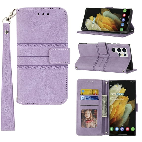 Dteck Galaxy S22 Ultra Case Cover with 3 Card Holder +1 Cash Slot, Vegan PU Leather Slim TPU Inner Shell with Hand Strap Lanyard Book Stand Case for Samsung Galaxy S22 Ultra 5G 6.8" 2022, Lightpurple