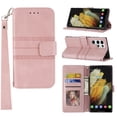 thumbnail image 1 of Dteck Galaxy S22 Ultra Case Cover with 3 Card Holder +1 Cash Slot, Vegan PU Leather Slim TPU Inner Shell with Hand Strap Lanyard Flip Book Stand Case for Samsung Galaxy S22 Ultra 5G 6.8" 2022, Pink, 1 of 5
