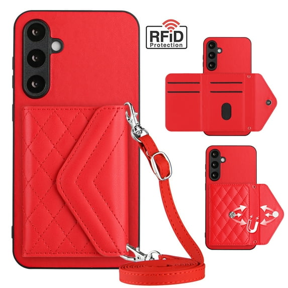 Dteck for Galaxy S22 Wallet Case with Shoulder Strap, Premium PU Leather RFID Blocking Card Slots Kickstand, Magnetic Clasp and Durable Shockproof Cover for Samsung Galaxy S22 5G,Red