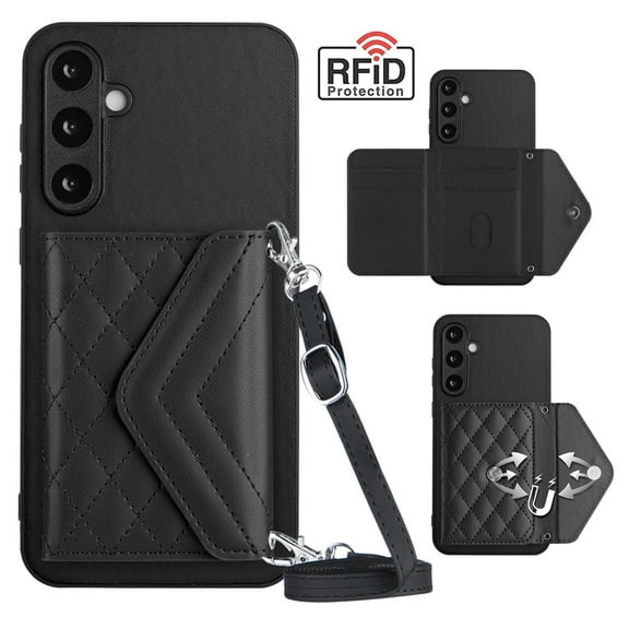 Dteck for Galaxy S23 FE Wallet Case with Shoulder Strap, Premium PU Leather RFID Blocking Card Slots Kickstand, Magnetic Clasp and Durable Shockproof Cover for Samsung Galaxy S23 FE 5G,Black