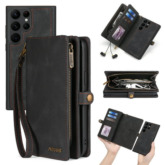 Dteck for Galaxy S23 Ultra Zipper Wallet Case, PU Leather ID Cash Credit Card Slots Holder Carrying Folio Flip Cover Detachable Magnetic Work with Car Mount Holder Hard Hand Strap Case, Black