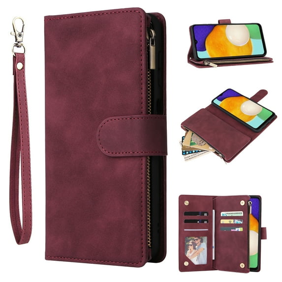 Dteck for Galaxy S25 Case, for Samsung Galaxy S25 Wallet Case with Zipper Pocket Card Slots, PU Leather ID Credit Card Holder Folio Flip Kickstand Magnetic Phone Cover with Lanyard,Winered