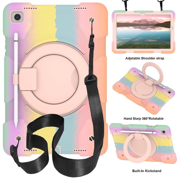 Dteck Case for Samsung Galaxy Tab A9+/A9 Plus 11Inch 2023, Heavy Duty Shockproof Rugged Cover with Portable Rotation Handle Stand Crossbody Shoulder Strap for Samsung X210/X216/X218,Rainbow Rosegold