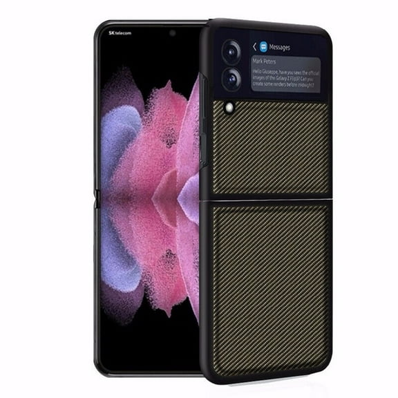 Dteck Galaxy Z Flip 3 5G 6.7-inch Case,Carbon Fiber Pattern PU Leather Case Hybrid Hard PC Shell Ultra Thin Slim Durable Protective Phone Case Cover for Samsung Galaxy Z Flip 3 5G 2021,Gold