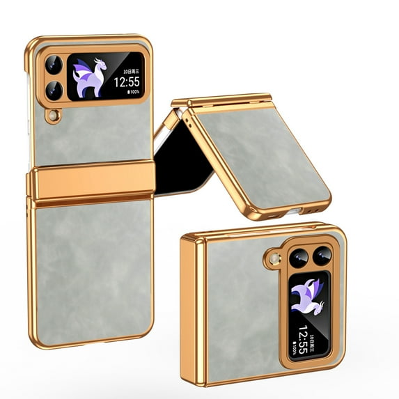 Dteck for Galaxy Z Flip 3 5G Plating PC Case,Shockproof Slim Anti-Slip Luxury Leather Cover with Hinge Protection Case for Samsung Galaxy Z Flip 3,White