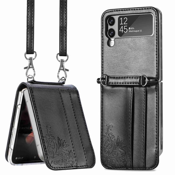 Dteck Galaxy Z Flip 3 Case, Florial Shockrpoof PU Leather Wallet Case with Card Holder + Lanyard Crossbody Strap Protective Case for Samsung Galaxy Z Flip 3 5G 2021, Black