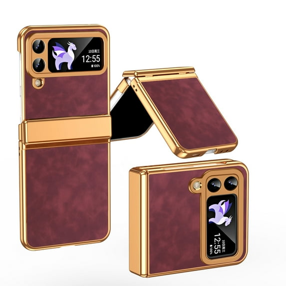 Dteck for Galaxy Z Flip 4 5G Plating PC Case,Shockproof Slim Anti-Slip Luxury Leather Cover with Hinge Protection Case for Samsung Galaxy Z Flip 4,Rose