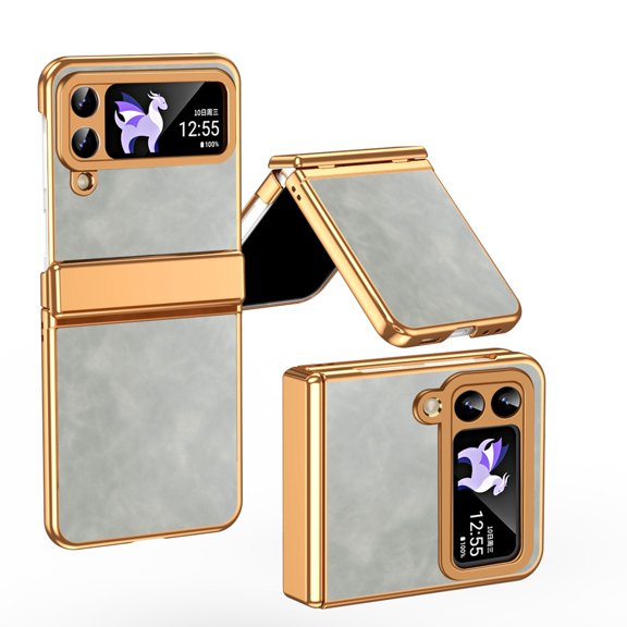 Dteck for Galaxy Z Flip 4 5G Plating PC Case,Shockproof Slim Anti-Slip Luxury Leather Cover with Hinge Protection Case for Samsung Galaxy Z Flip 4,White