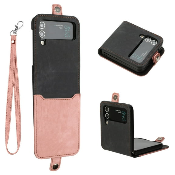 Dteck Galaxy Z Flip 4 Case, Z Flip 4 5G Case Wallet for Women Men, Slim PU Leather Magnetic Flip Closure Wrist Strap Card Holder Wallet Case for Samsung Galaxy Z Flip 4,Pink