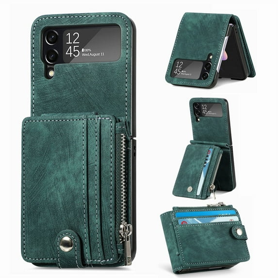 Dteck Galaxy Z Flip 4 Wallet Case with Card Holder【2 in 1 Detachable】【Zipper Wallet】, Slim Fit Retro PU Leather Protective Flip Phone Cover for Samsung Galaxy Z Flip 4 5G 2022, Green