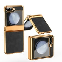 Dteck for Galaxy Z Flip 5 5G Plating PC Case,Shockproof Slim Anti-Slip Luxury Leather Cover with Hinge Protection Case for Samsung Galaxy Z Flip 5,Black