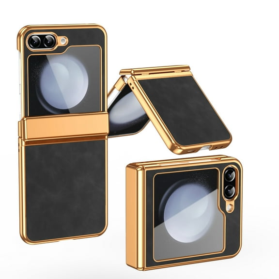 Dteck for Galaxy Z Flip 5 5G Plating PC Case,Shockproof Slim Anti-Slip Luxury Leather Cover with Hinge Protection Case for Samsung Galaxy Z Flip 5,Black