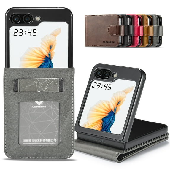 Dteck for Galaxy Z Flip 5 Case, Ultra-Thin Vintage PU Leather Wallet Protective Phone Case with Card Slots, Premium Anti-Slip Wireless Charging Compatible Cover Case for Samsung Z Flip 5 5G,Gray