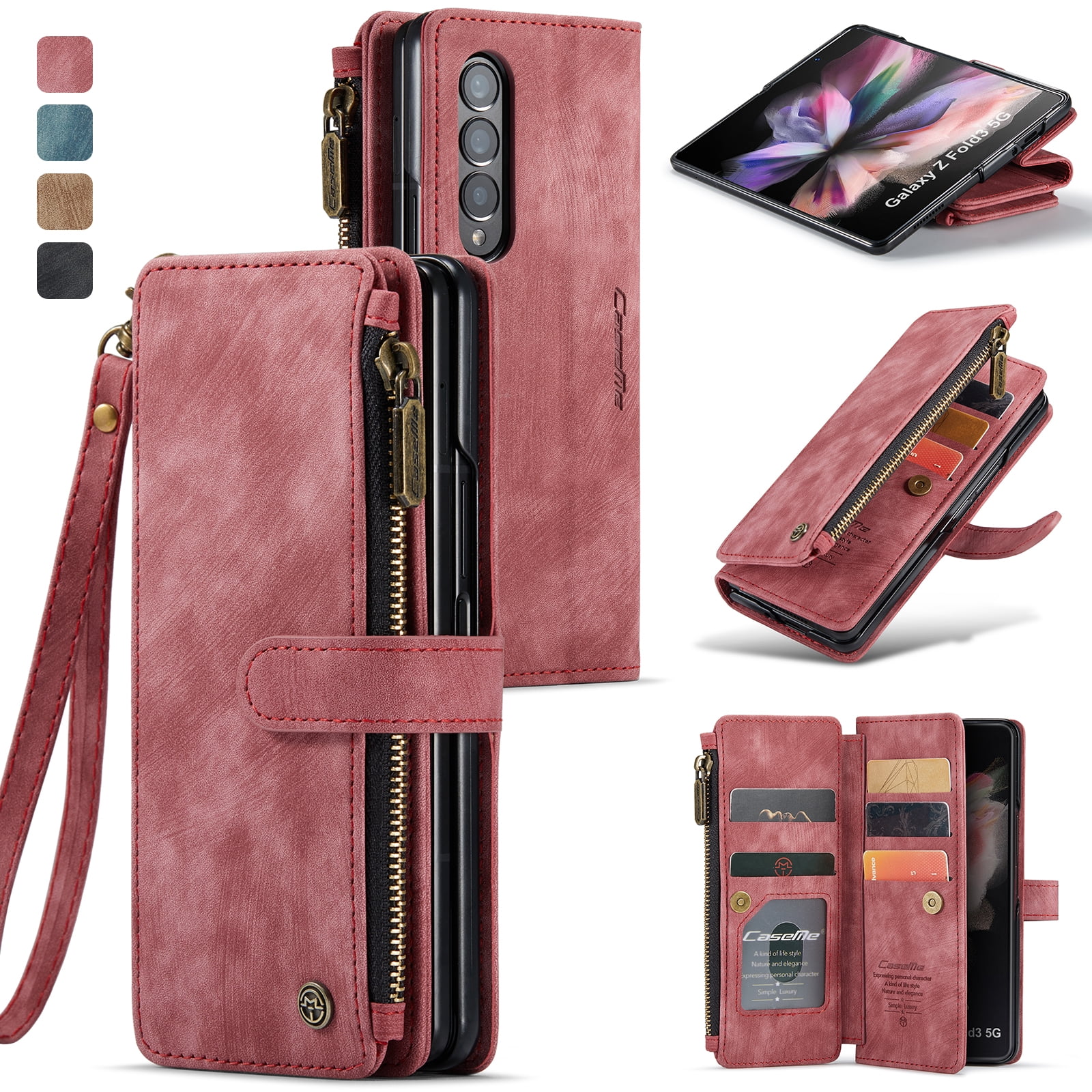 Dteck Galaxy Z Fold 3 Case, Dteck Heavy Duty Durable PU Leather Magnetic Wallet Flip Lanyard Strap Wristlet Zipper Card Holder Phone Case for Samsung Galaxy Z Fold 3 5G, Red