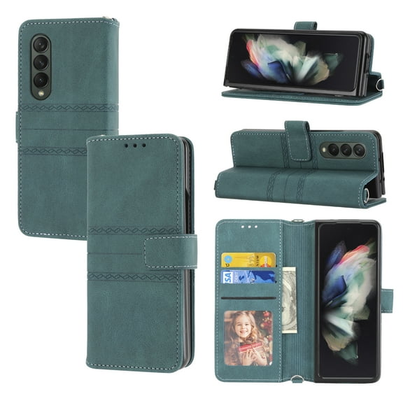 Dteck Galaxy Z Fold 3 Case, Durable PU Leather Lanyard/Crossbody/Shoulder Strap Shockproof Magnetic Closure Card Holder Kickstand All-Inclusive Flip Phone Case Cover for Samsung Z Fold 3, Darkgreen