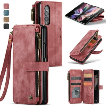 Dteck Galaxy Z Fold 3 Case, Dteck Heavy Duty Durable PU Leather Magnetic Wallet Flip Lanyard Strap Wristlet Zipper Card Holder Phone Case for Samsung Galaxy Z Fold 3 5G, Red