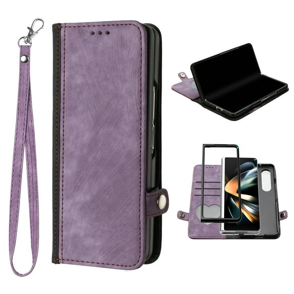 Dteck Galaxy Z Fold 3 Case, Z Fold3 5G Case Wallet for Women Men, Slim PU Leather Magnetic Flip Closure Wrist Strap Card Holder Wallet Case for Samsung Galaxy Z Fold3,Purple