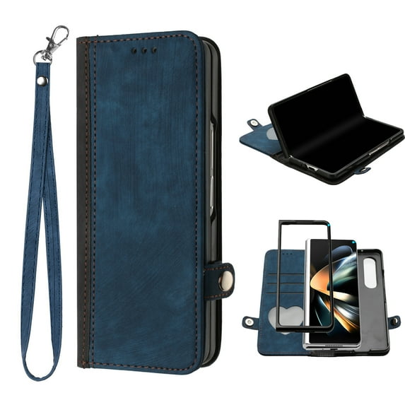 Dteck Galaxy Z Fold 3 Case, Z Fold3 5G Case Wallet for Women Men, Slim PU Leather Magnetic Flip Closure Wrist Strap Card Holder Wallet Case for Samsung Galaxy Z Fold3,Blue