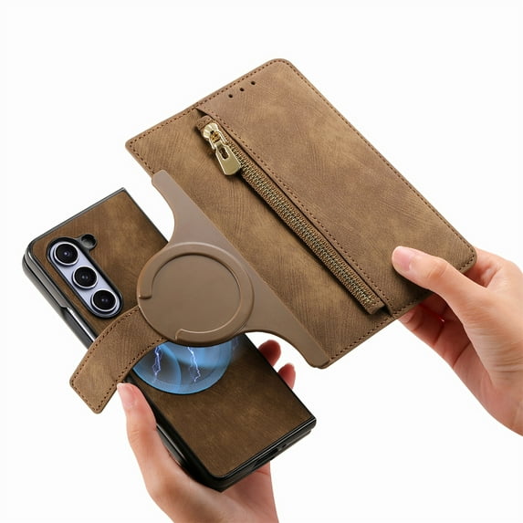 Dteck for Galaxy Z Fold 3 Wallet Case, 2 In 1 Detachable Wallet Zipper Card Holder RFID Blocking PU Leather Magnetic Phone Cover for Samsung Galaxy Z Fold3 5G, Brown